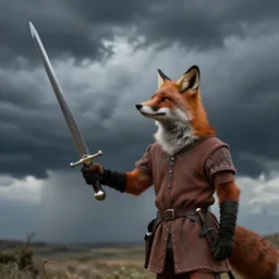anthropomorphic fox who is a medieval knight holding a sword towards a stormy thundercloud 1 9 3 0 s film still