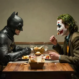 movie scene of batman and joker eating dinner, dark knight ( 2 0 0 8 )
