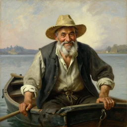 painting portrait of old fisherman on a small boat by bouguereau happy
