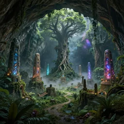 photo an overgrown deep underground cave on another world embellished with a lush overgrown jungle of beautiful ancient alien trees, alien elvish cave village, scattered complex ancient monoliths emitting cosmic astral energy, nebula fog and cosmic mist, 4 k rtx hdr volume light concept studio matte painting environment octane, ue 5, photorealistic render trending on artstation by eytan zana