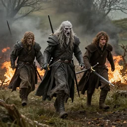 film still of 3 Nazgûl, swords drawn, chasing hobbits through the shire as it burns, epic composition, intricately detailed, physically based render, screenshot from Lord of the Rings
