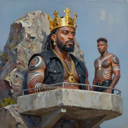 palette knife oil painting portrait of the rock, a king - with gold crown with rubies, man in mafia wear and australian aboriginal body paint, concrete balcony, nightclub, artstation trending, artgerm, any racial background, deviant art, hipster, octane, substance, art history 8 k