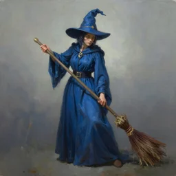 oil matte painting, witch in blue robes and hat swinging a broom. digital painting, fantasy, concept art, cinematic colors, realistic shaded. by ilya kuvshinov, magali villeneuve, artgerm, greg rutkowski