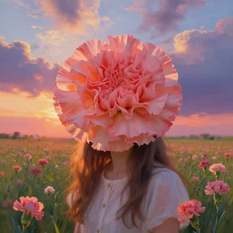 giant carnation flower face, girl in a flower field, surreal photography, sunrise dramatic light, impressionist painting, colorful clouds, digital painting, artstation, simon stalenhag, flower face