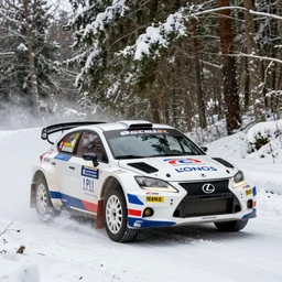 a 2 0 0 6 lexus is 3 5 0, racing through a rally stage in a snowy forest