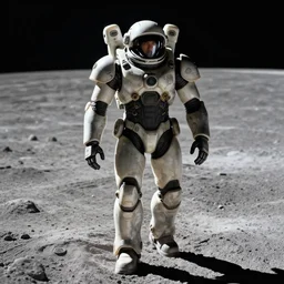 A man inside of a mech suit walking on the moon. The mech suit Is made out of black ivory. Photorealistic, coherent.