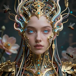 very beautiful woman integrating with technology, full face frontal centered, portrait, insipiring, detailed intricate ornate neon cables connected to head, big open electric eyes, luxurious detailed abundent wiring and implants, gold, renaissance, sci - fi, detailed technology background with cyber flowers and insects, dramatic lighting, photography, highly detailed, artstation, 8 k,