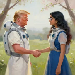 donald trump and a young hyderabadi woman with cateye glasses facing each other off dressed in spaceship pilot dresses shaking hands, portrait, illustration, rim light, top light, perfectly shaded, spring time, slight overcast lighting, soft painting, art by krenz cushart and wenjun lin