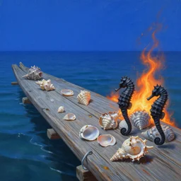 breathtaking detailed soft painting of a plank in the sea with electrical seashells and black seahorses, ultramarine skies and burning strand, elegant, highly detailed, artstation, concept art, matte, sharp focus, art by tom bagshaw, and greg rutkowski