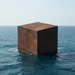 a cube in the middle of the sea in the style of richard serra