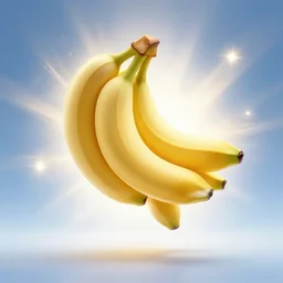 a golden banana, standing up right, spinning, in the middle of the frame, a white and blue heavenly glow behind it