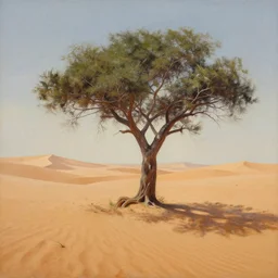 a painting of a tree in the desert, an airbrush painting by breyten breytenbach, sea of sand, cgsociety, neo - primitivism, airbrush art, dystopian art, apocalypse landscape