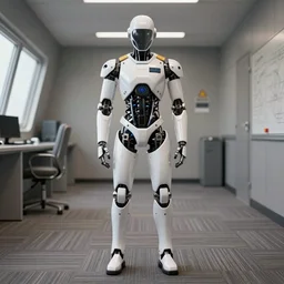 a cyborg flight pilot standing in a carpeted room, 8k, hyper realistic