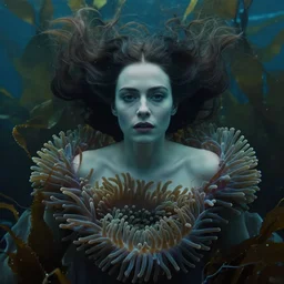 close up, moody cinematic photograph of a woman wearing a sea anemone dress, floating under the ocean, with detailed beautiful, symmetrical face, huge flowing hair by tim walker and wes anderson, in the ocean, lots of detail, fine facial features, sea kelp forrest