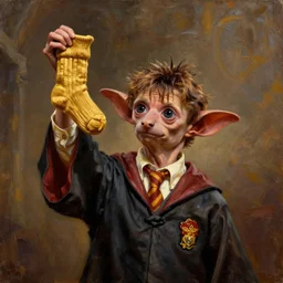 dobby from harry potter holding a golden sock above his head, glorious, oil painting