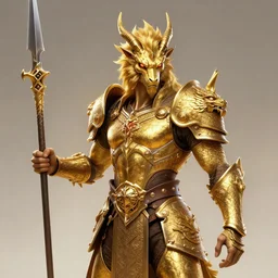 Golden Dragonborn wielding a spear, character art, Portrait, D&D, high detail