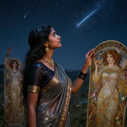 a young indian lady wearing a sari watching a meteor shower, wet, shiny, fantasy, intricate, elegant, hyper detailed, ultra definition, photoreal, artstation, unreal engine rendered, concept art, smooth, sharp focus, illustration, art by artgerm and greg rutkowski and alphonse mucha and garis edelweiss
