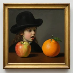 a magritte painting masterpiece exposed in Paris : an apple talking to an orange on black hat, This 4K HD image is Trending on Artstation, featured on Behance, well-rendered, extra crisp