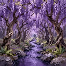 wisteria forest with a narrow rocky purple river flowing through it. beautiful twisted old trees in full bloom. small ferns grow between the trees. digital painting. trending on artstation.