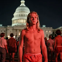 6 0 year old linus roache with long blond hair, male bathing suit, red lighting, cult meeting, capitol building background, nighttime, cinestill 8 0 0 t, 1 9 8 0 s movie still, film grain