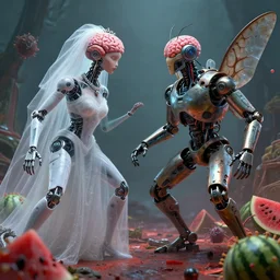 by artgerm and agostino arrivabene, visually stunning, cinematic, ultra realistic, hyper realism, 1 2 k, epic, octane render, unreal engine, vfx, maya, robot with no brains, ghostly bride necklace, cyborg insectoid creature, brain box, compelled duel, rogue robot, call the prime land from the yeast, virus - laden watermelon