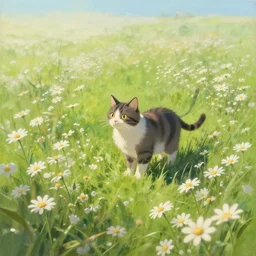 cat and daisies, painting by craig mullins, octane rendering, soft morning lighting, wide angle lens, in the style of hayao miyazaki, trending on artstation,