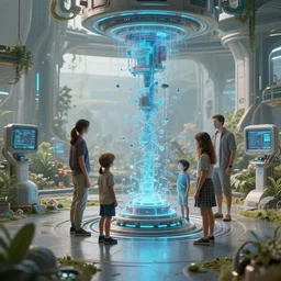 a family scene from a future world where nanotechnology has created a post scarcity society