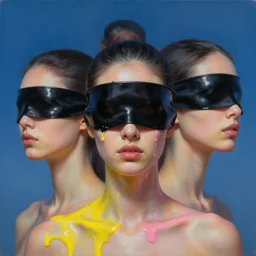 3 d, fashion model, liquid black blindfold, liquid yellow and pink oil, sky, poster art, high detail, intricate oil painting, multiple exposure, deep blue mood, hyperrealism, 3 d, by tooth wu and wlop and beeple and greg rutkowski