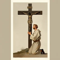 earth tone neutral palette, by anton fadeev petros afshar beautiful graphic full body portrait, a man kneeling at the base of the christian cross, propaganda poster art 1 9 7 0 s illustrated advertising art, painterly character design limited palette
