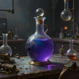 a steampunk painting of a vintage purple blue potion bottle on a counter in a dark dusty vintage science lab, by h. r. giger, hyperrealistic fantasy art, concept matte, ethereal, dreamy, digital art, trending on artstation, volumetric cinematic lighting