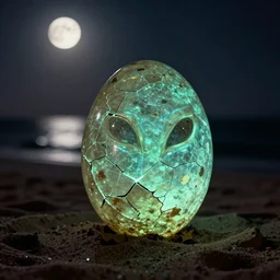an early 1 9 0 0 s photograph of a cracked luminescent alien egg on the beach, moonlight, at nighttime,