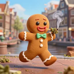 a gingerbread man running around amsterdam, smoking weed, 3 d octane render, highly detailed, masterpiece, studio ghibli, amazing composition, hdr, gingerbread man is cute chibi,