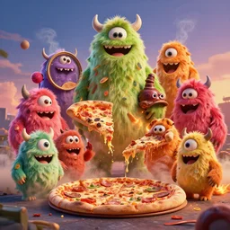 a beautiful hyperrealistic detailed 3D render of cute pizza monsters, by Anton Otto Fischer, Atey Ghailan, genzoman, unreal engine, octane render, gigantic, 3D, brilliantly coloured, intricate, ultra wide angle, trending on artstation, embers, smoke, dust, dusk, volumetric lighting, HDR, polished, micro details, ray tracing, 8k,