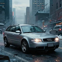 Audi A4 B6 Avant (2002), a post apocalyptic, dramatic lighting, cinematic, establishing shot, extremly high detail, photorealistic, cinematic lighting, artstation, style by greg rutkowsky, Max Payne (2001) winter New York landscape