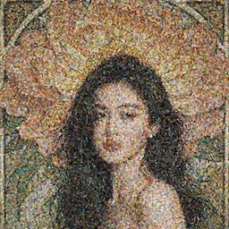 a portrait of a very beautiful Asian young woman with giant flowers behind her head, looks like Tang Wei, in the style of WLOP and  Alphonse Mucha and Ross Tran, realistic, seductive, closeup, facing the camera, dramatic lighting