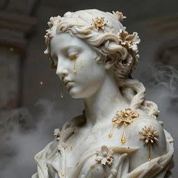 a sculpture of a person with flowing golden tears, fractal flowers on the skin, intricate, a marble sculpture by nicola samori, behance, neo - expressionism, marble sculpture, apocalypse art, made of mist, still frame from the prometheus movie by ridley scott with cinematogrophy of christopher doyle, arri alexa, anamorphic bokeh and lens flares, 8 k, higly detailed masterpiece