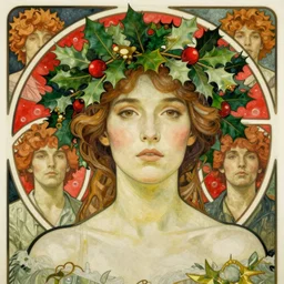 realistic art nouveau style detailed portrait of alicia vikander wearing a holly wreath as a crown at christmas by alphonse mucha, charlie bowater, anddonato giancola art nouveau style, white red and green christmas colors