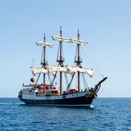 “ pirate ship in caribbean sea. to the right of the image a lighthouse. birds eye view. hyperrealistic. 3 d render. ”