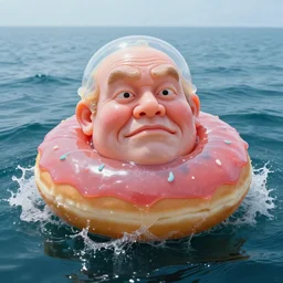 a massive jelly sculpture of a squashed funny human face on a jelly donut floating on the ocean water, in the style of johnson tsang, cinematic, hyper - realistic, very detailed, realistic jelly splashes, ray tracing, 8 k resolution, long - shot, sharp focus, low angle, 8 5 mm photograph, wide lens