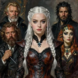 oil painted portrait of young mila kunis as daenerys targaryen from game of thrones, white hair in braids, leather corset and black lace, by cedric peyravernay, drew struzan, alphonse mucha, by jeremy mann, by lecouffe deharme, gothic, goth chic, soft lightning, egyptian eyeliner, punk rock, high detailed, leather, 8 k, hyperrealism, donato giancola, joseph christian leyendecker, illustration, artgerm