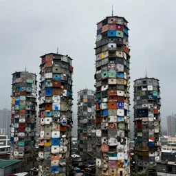 high towers, made up of colourful makeshift squatter shacks, bleached, misty, moody sky at the back, dystopia, mamiya, f 1 1, fully frontal view, very detailed, ultra sharp, photographed by roger ballen