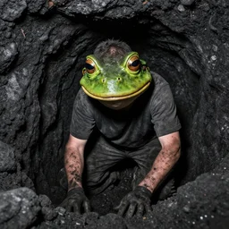 man with a frog head deep in the coal mines covered in soot