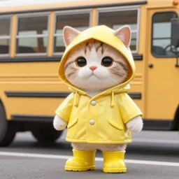 anthropomorphic cute kitten wearing a yellow raincoat and yellow boots standing by the school bus on the first day of kindergarten, with colorful fall leaves and light rain, medium shot
