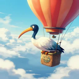 cartoon of a ibis - headed man in a hot - air balloon floating in a sea of clouds, in the style of yusuke nakano, breath of the wild, trending on artstation, concept art, bronze age