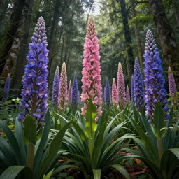 a forest of gigantic and tall prismatic flowers, in the style of artstation trending and fineartamerica