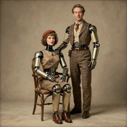 a beautiful ultradetailed fine art old vintage couple portrait photo of cyborgs sitting on a chair and  standing, by tom bagshaw, couple portrait, vignette, 35mm lens, golden ratio composition, studio photography, very detailed, artstation, 8k, highly coherent