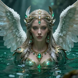 wiccan high priestess with angelic face, super fine details and intricate jewelry with feathers and crystals, ethereal, in deep clear emerald water, divine realm of gods, solarpunk realistic cinematic style, filmed in 70mm, volumetric lighting, octane render, photographic, concept art, artist Leonardo DaVinci, unreal engine, 8k