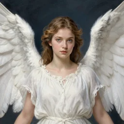 a beautiful portrait of an angel with pretty face and her huge white wings spread out painted by gerhartz, highly detailed, beautiful illumination, graceful and elegant,.