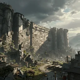 dystopian city, with a large visible wall around it