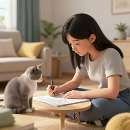 a girl drawing beside cat, living room, cg society, artstation, coherent, octane render, comic book